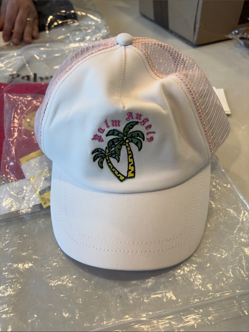 Palm Angels White and Pink Palm Tree Mesh Trucker Hat
